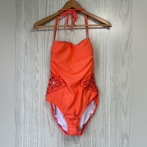 Venus Women's Orange Halter Strap Applique Bandeau One Piece Swimsuit Size 6 EUC